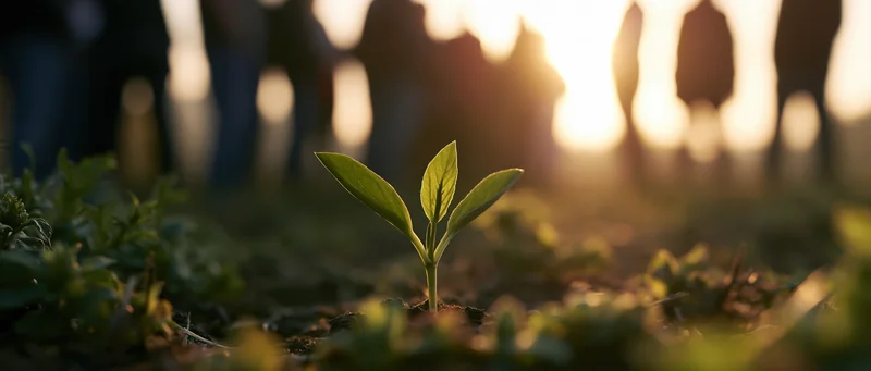 Small green seedling with two open leaves growing in soil at sunset with blurred people in background