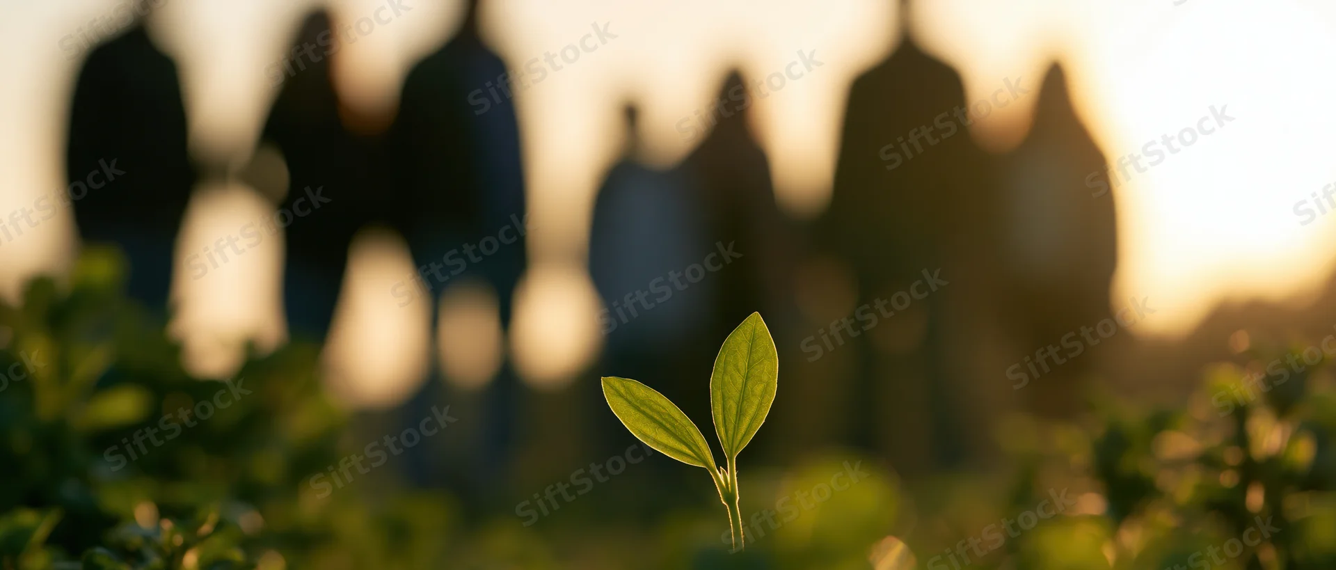 Small green seedling with two open leaves in sharp focus against blurred silhouettes of people at sunset
