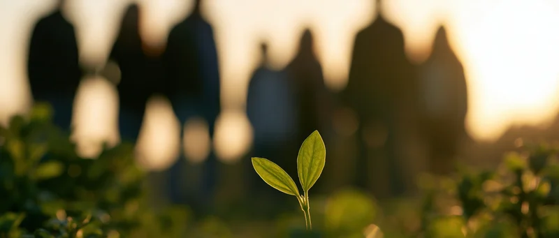 Small green seedling with two open leaves in sharp focus against blurred silhouettes of people at sunset