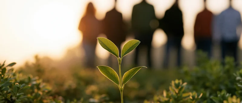 Small green seedling with two open leaves in sharp focus in a field with blurred silhouettes of people in the background at sunrise