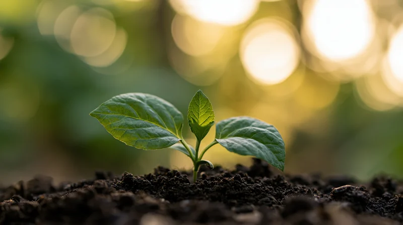Small green seedling with broad leaves emerging from dark soil in a garden setting