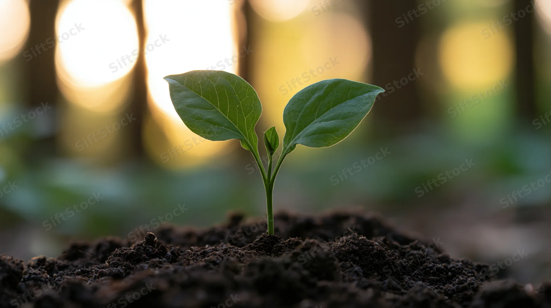Small green seedling emerging from dark soil in a sunlit forest setting