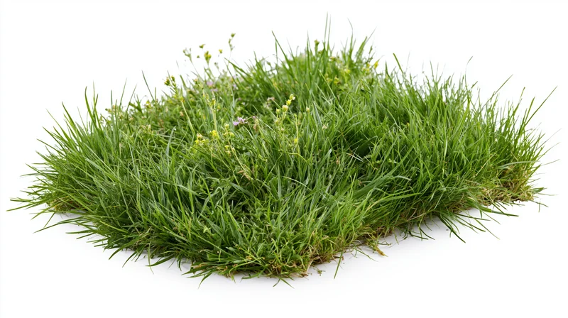 A patch of lush green grass with scattered wildflowers isolated on white