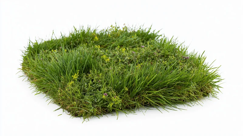 Isolated patch of green grass with wildflowers on white background