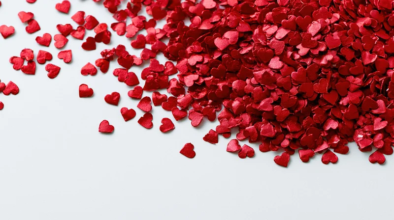 Red foil heart confetti scattered across a white surface with copyspace