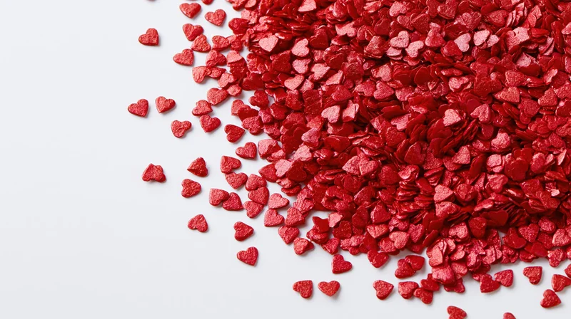 Red foil heart confetti scattered across a white surface with copyspace