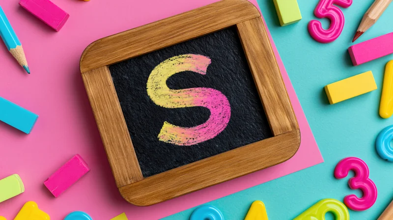 Wooden-framed chalkboard with chalk-drawn letter s surrounded by colorful school supplies on pink and blue background