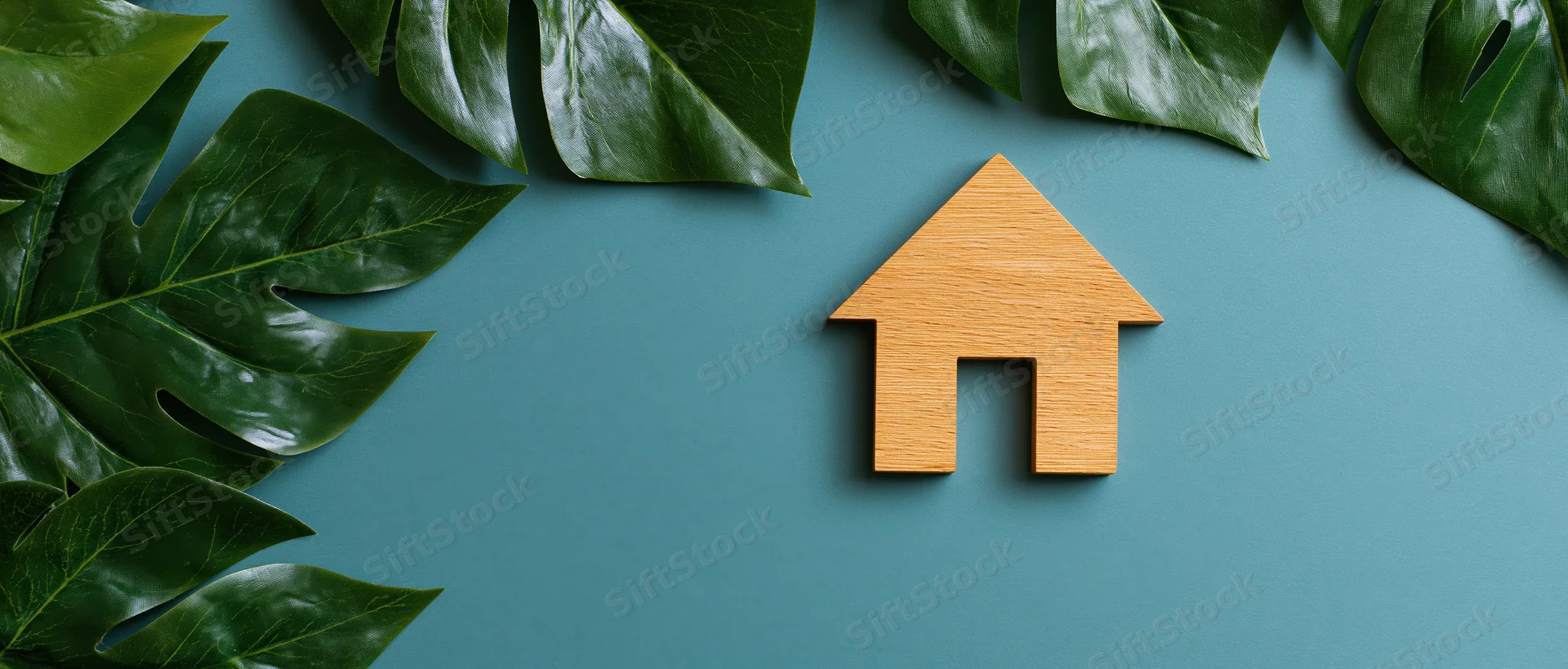 Wooden house cutout on teal background with monstera leaves arranged around it