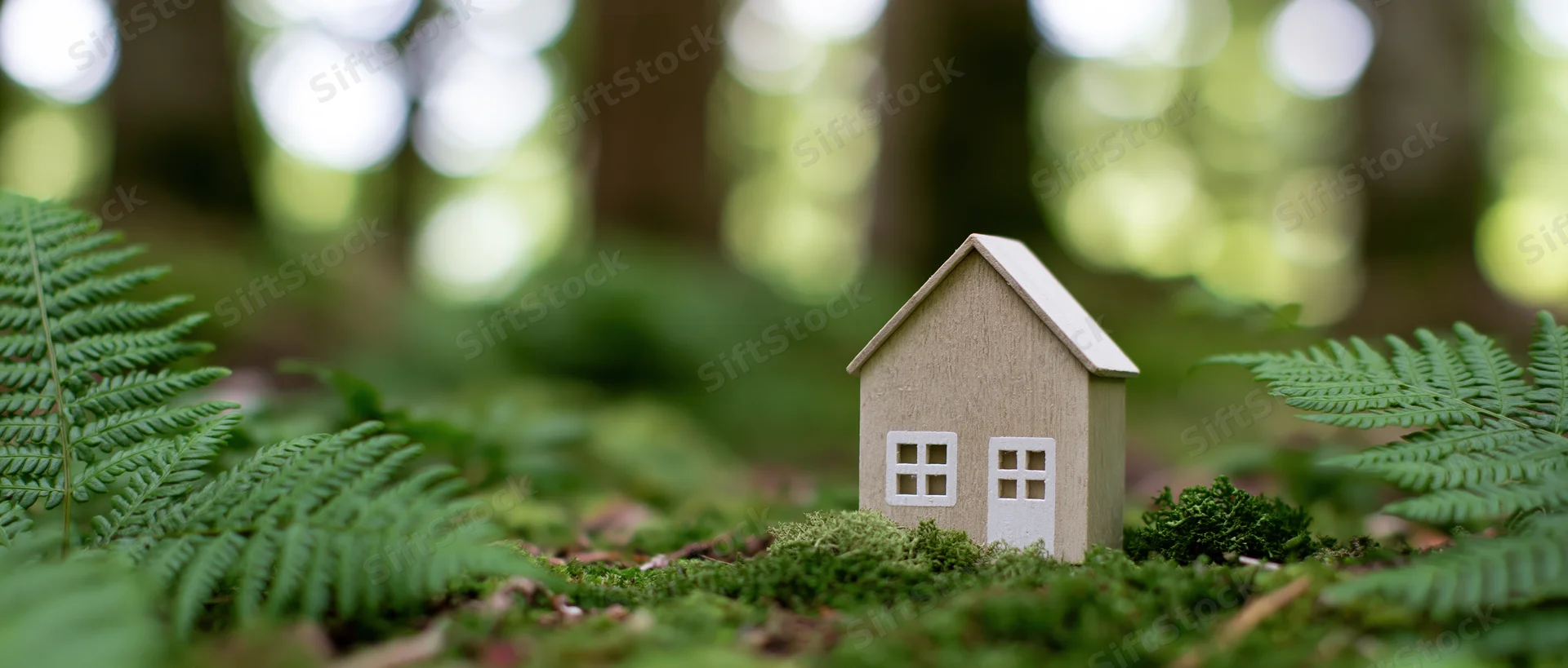 Small wooden house figurine placed among ferns and moss in a forest setting