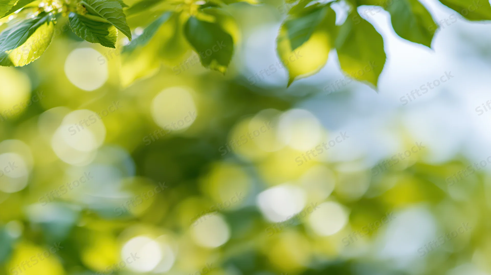 Sunlit green leaves in focus with blurred foliage background