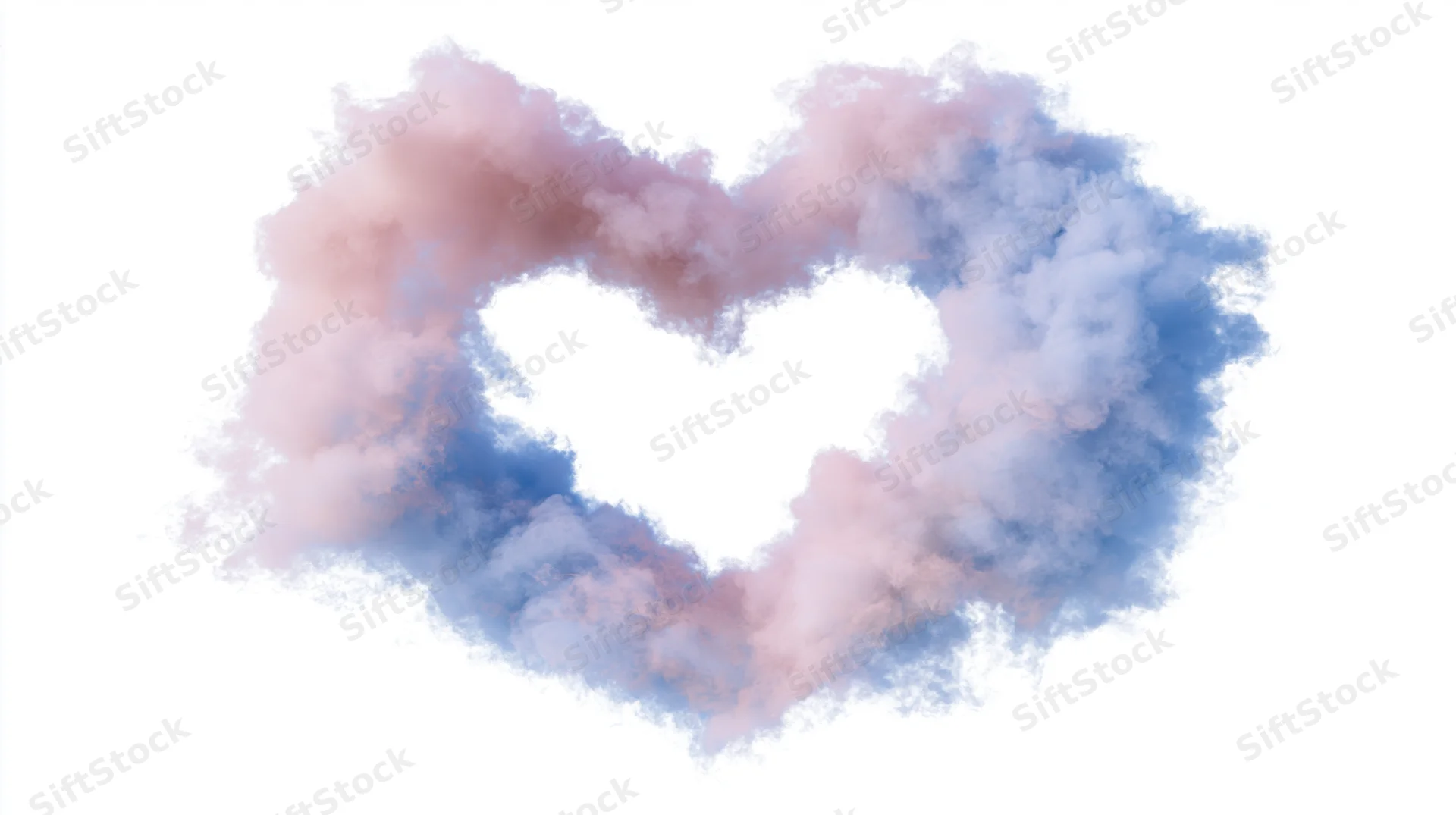 Heart-shaped cloud formation made of soft pink and blue smoke on white background