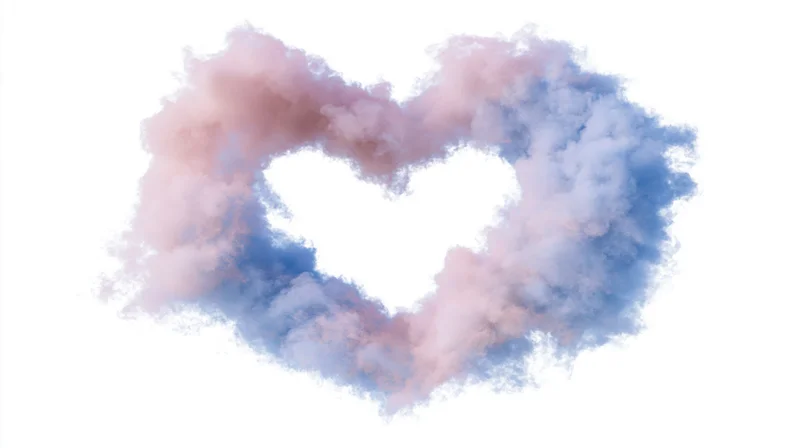 Heart-shaped cloud formation made of soft pink and blue smoke on white background