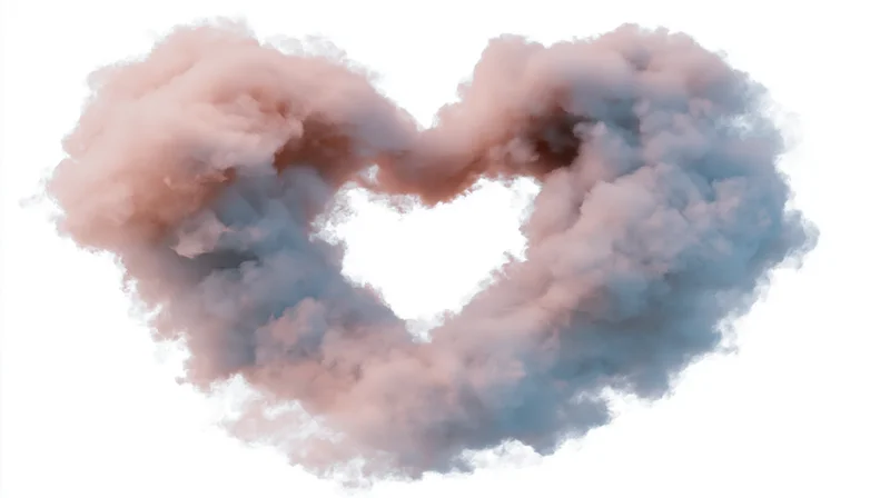 Heart-shaped cloud formation in soft pink and blue smoke against white background