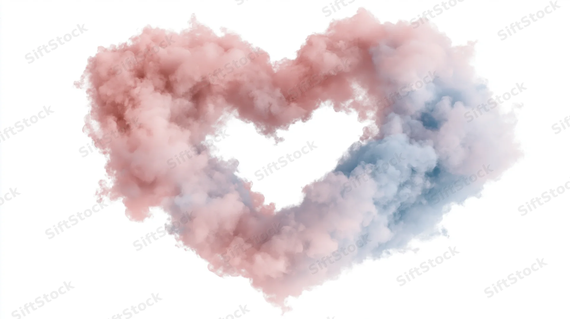 Heart-shaped cloud formation made of soft pink and blue smoke against white background