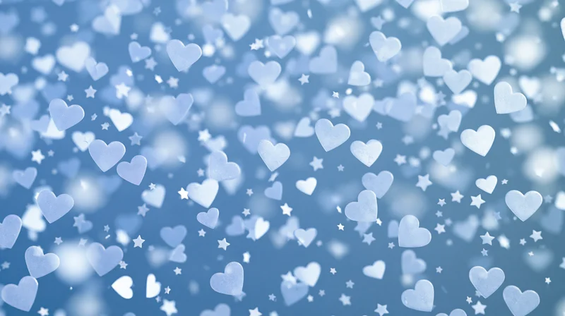 Scattered translucent hearts and stars on a soft pastel blue background