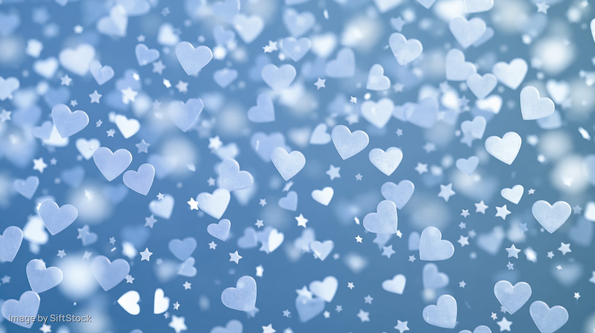 Scattered translucent hearts and stars on a soft pastel blue background