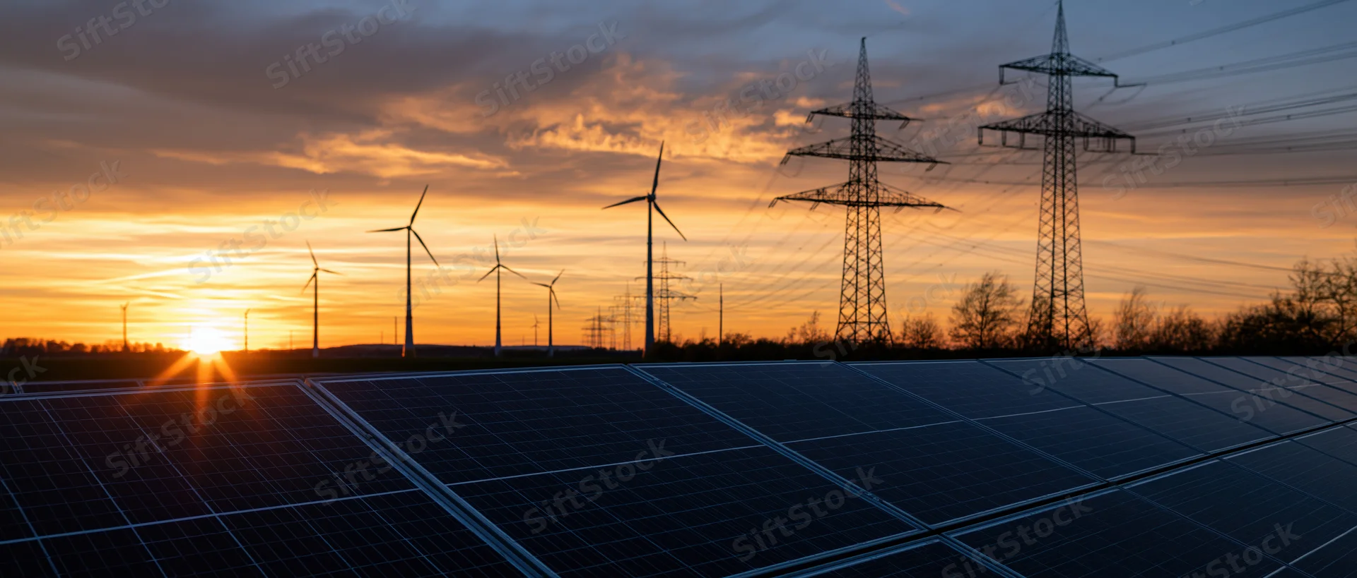 Solar panels in foreground with wind turbines and power lines silhouetted against sunset sky