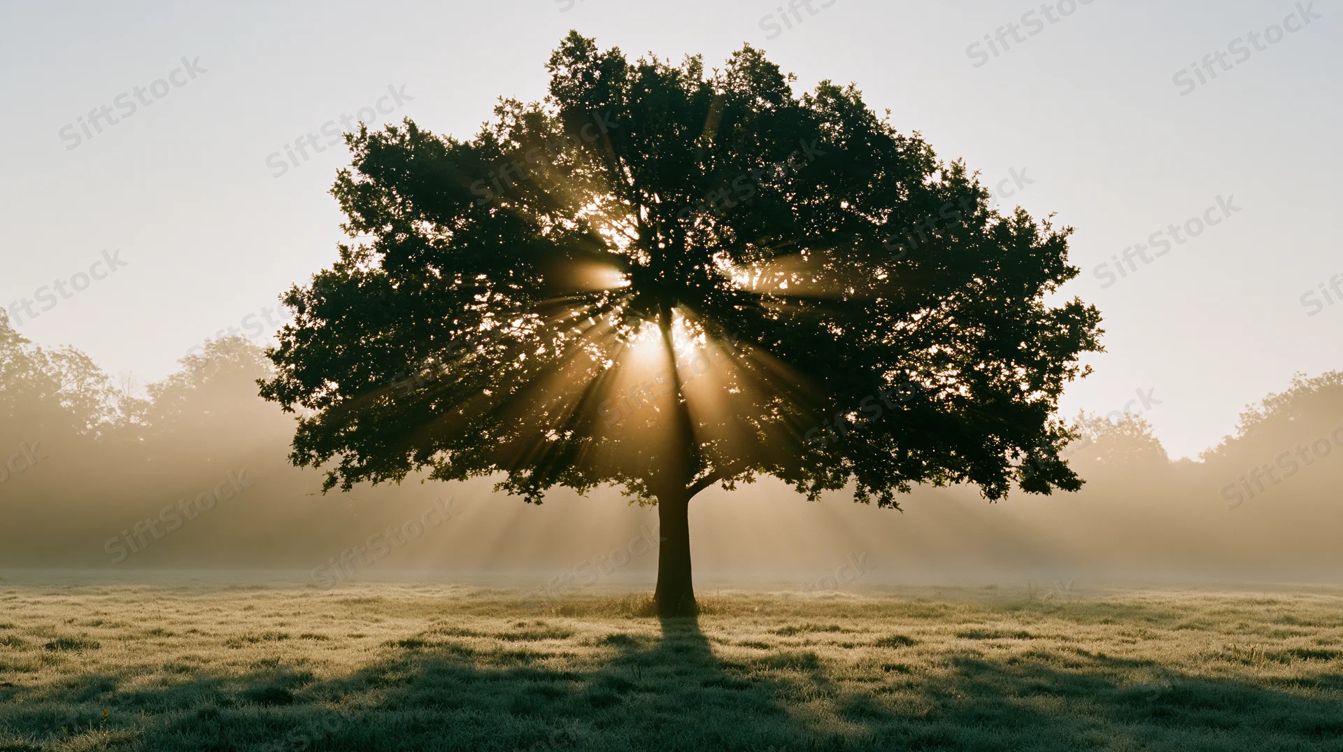 Solitary tree silhouetted against sunrise in misty meadow