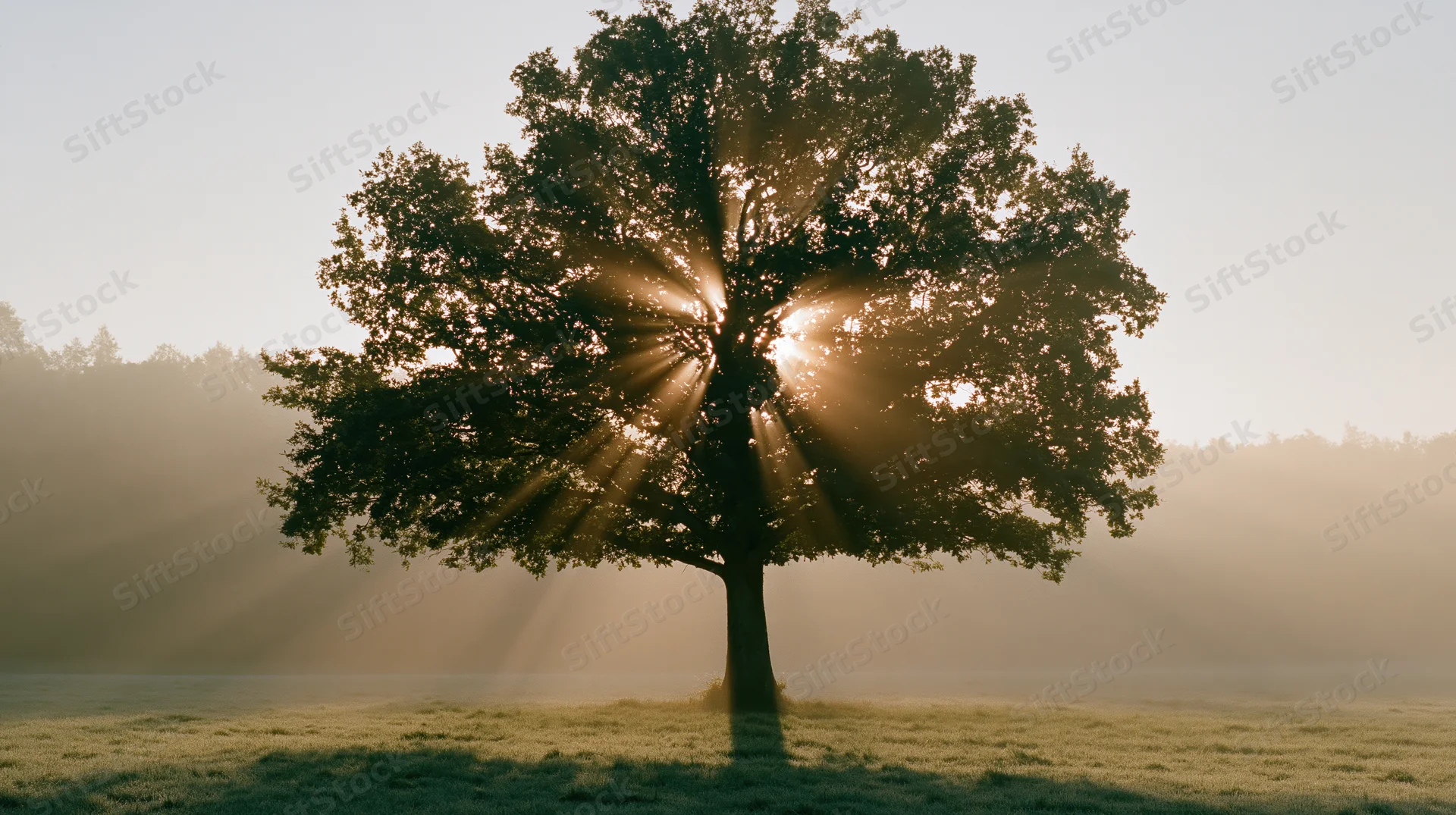 Solitary deciduous tree in a misty meadow with sunbeams at sunrise