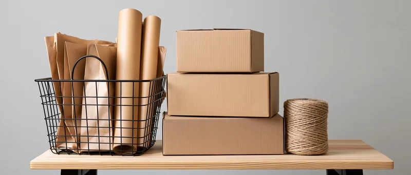 Stack of cardboard shipping boxes and kraft paper rolls on a wooden table with twine and wire basket