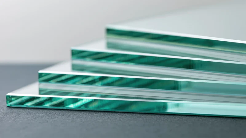 Stack of tempered glass sheets arranged in descending steps on a gray surface