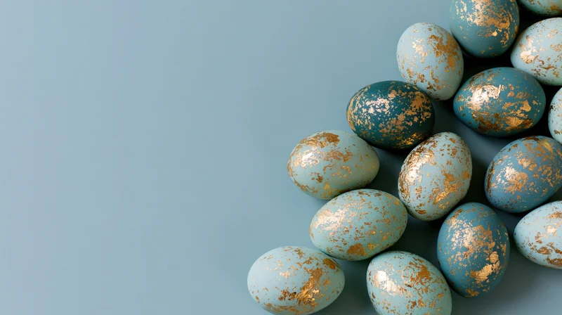Blue and gold painted easter eggs arranged in a cluster on a plain surface with copyspace