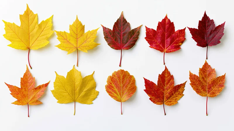 Ten maple leaves arranged in two rows on white background