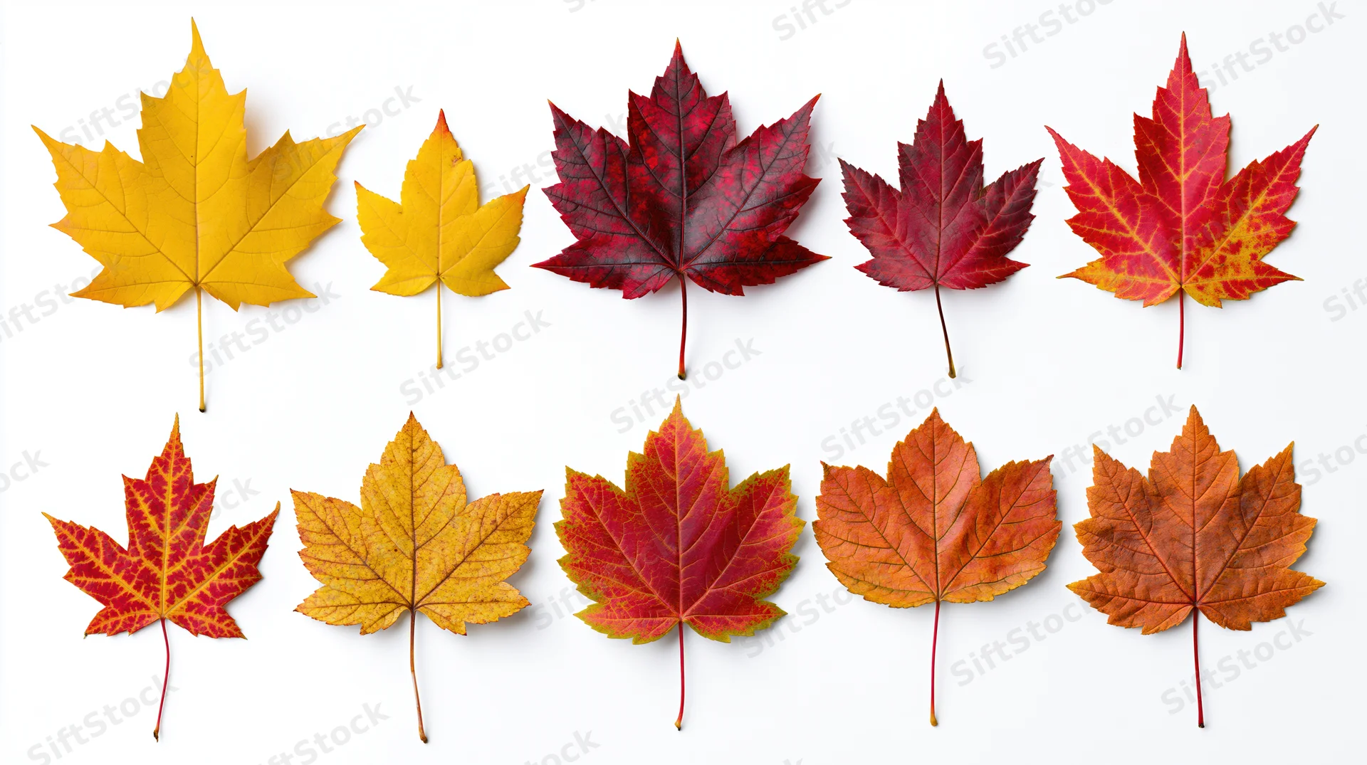 Ten maple leaves in autumn colors arranged in two rows on white background