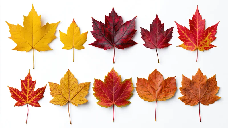 Ten maple leaves in autumn colors arranged in two rows on white background