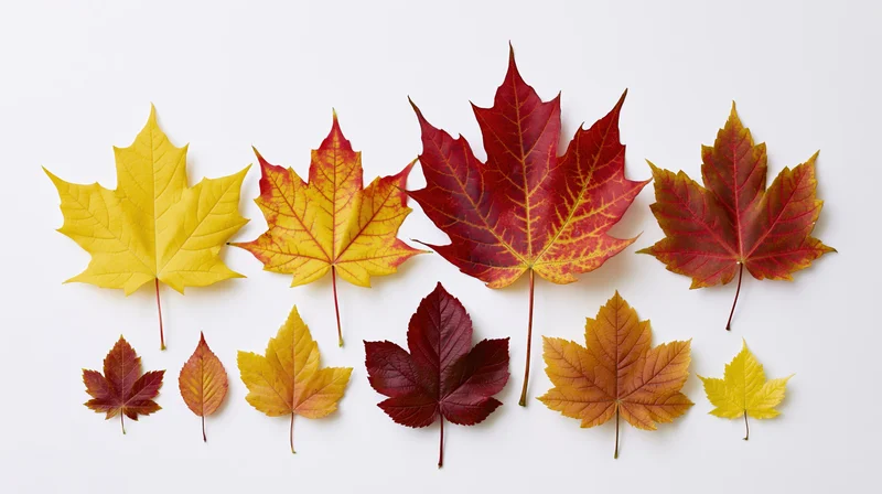 Maple leaves arranged in two rows on white background