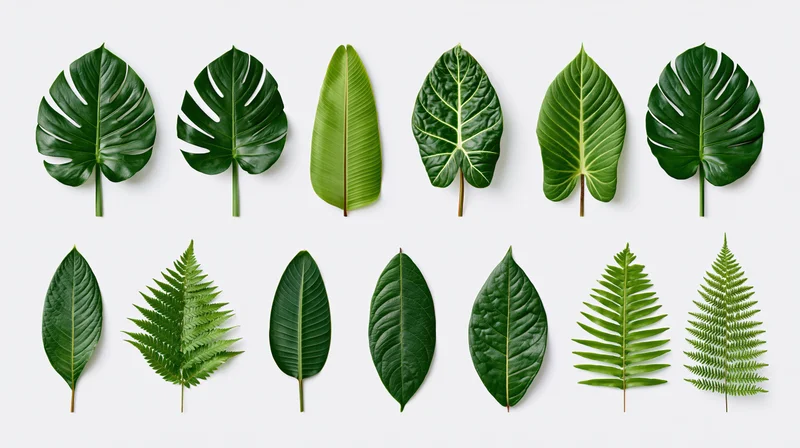 Tropical leaves arranged in two rows on white background