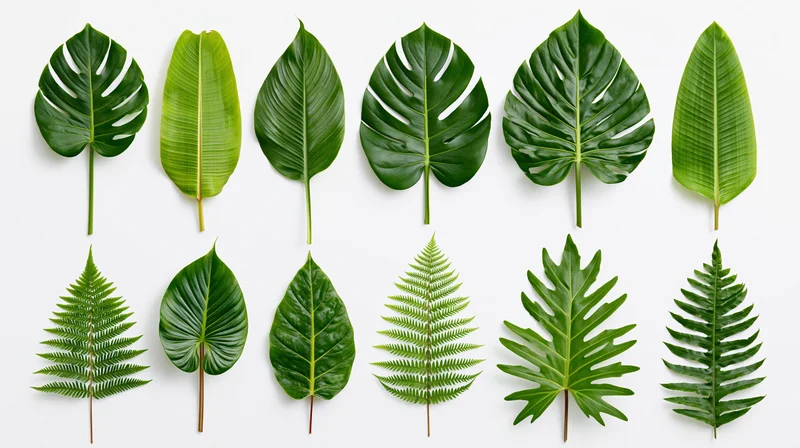 Ten tropical leaves arranged in two rows on white background