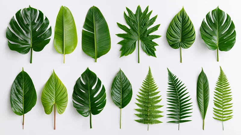 Tropical leaves arranged in two rows on white background