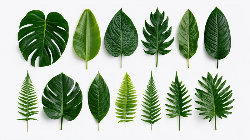 Tropical leaves arranged in two rows on white background