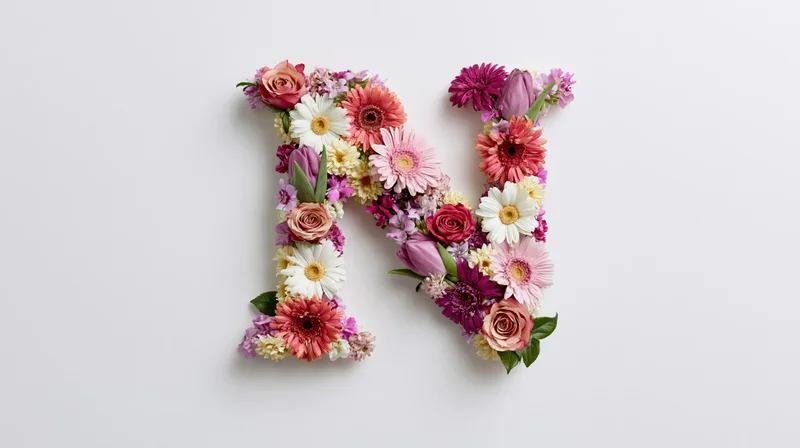 Capital letter n formed from colorful flowers arranged on white surface