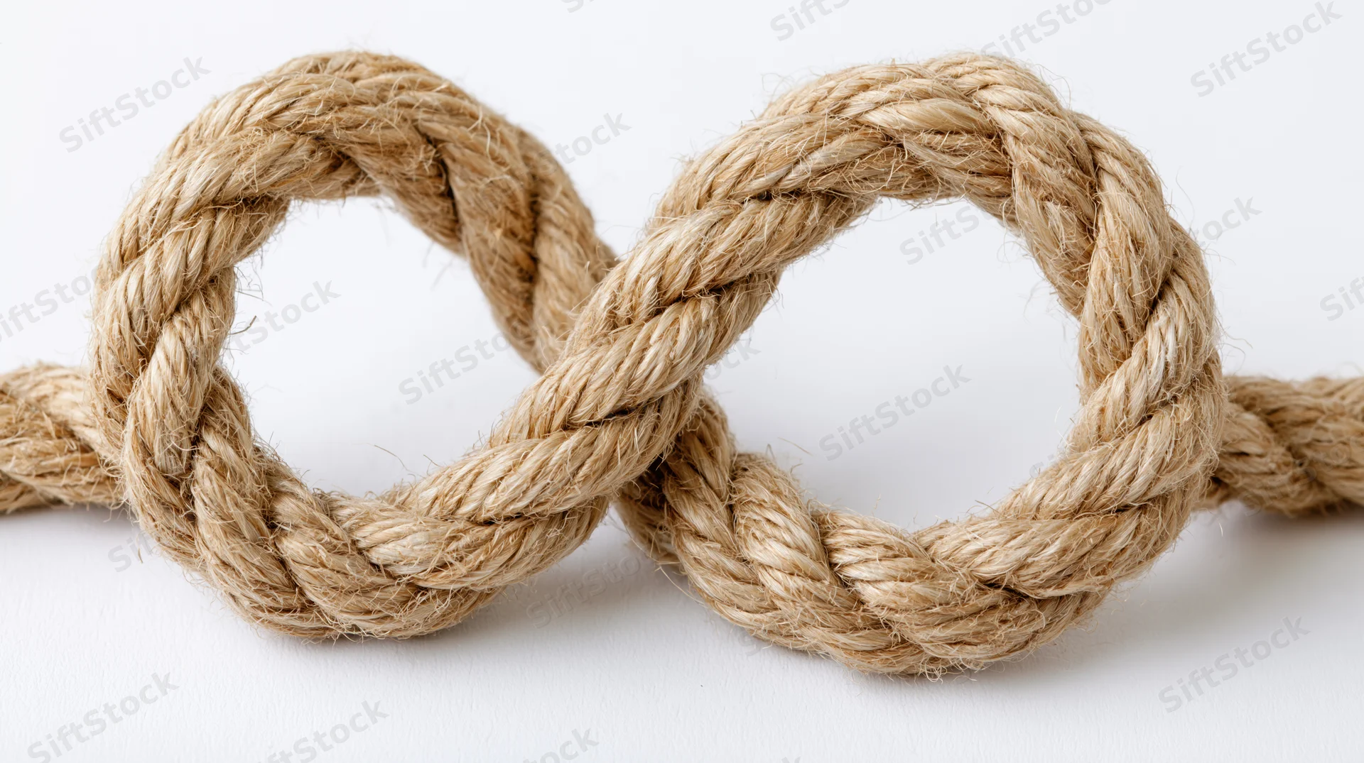 Thick natural jute rope tied into a heart-shaped knot on white background