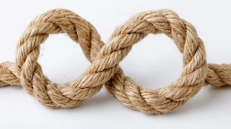 Thick natural jute rope tied into a heart-shaped knot on white background