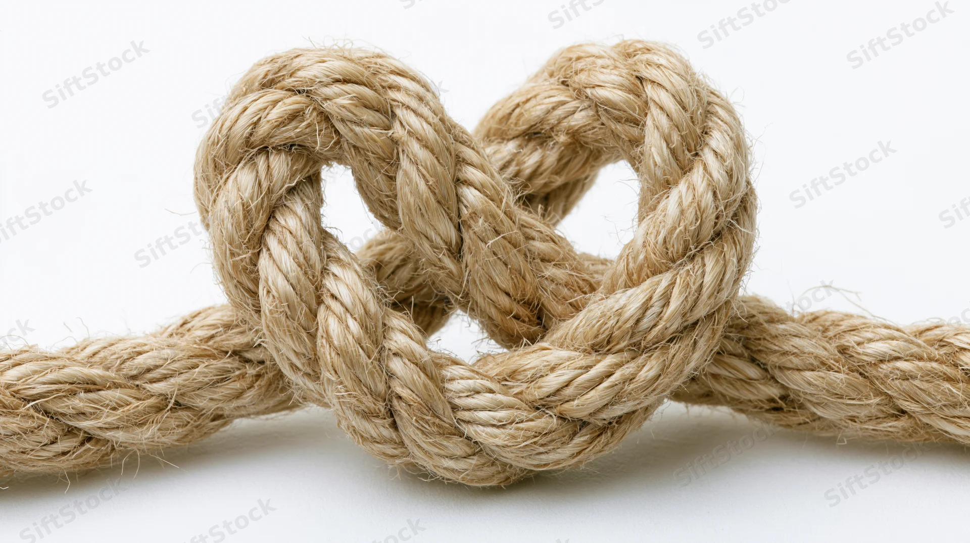 Thick natural jute rope tied into a heart-shaped knot on white background