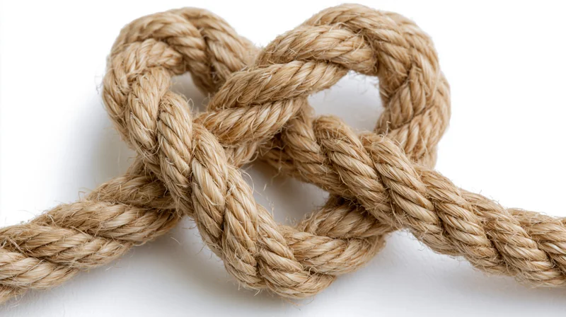 Thick natural jute rope tied into a heart-shaped knot on white background
