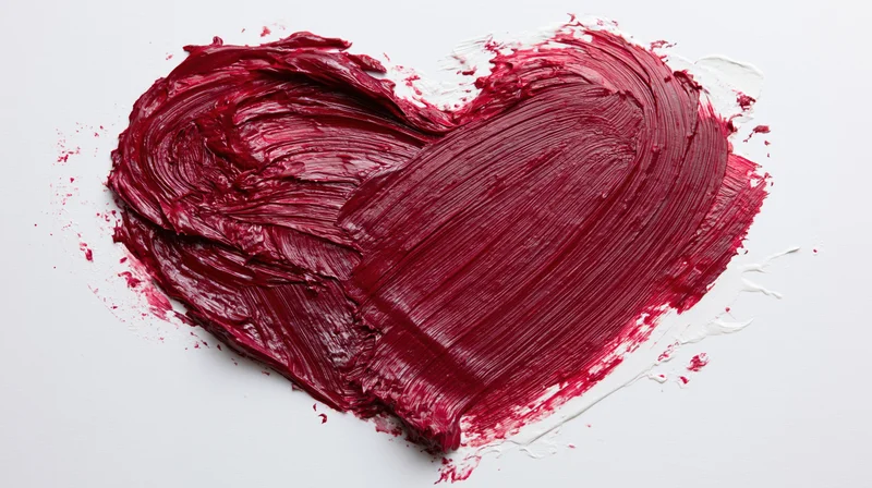 Thick red oil paint brushstrokes forming a heart shape on white surface