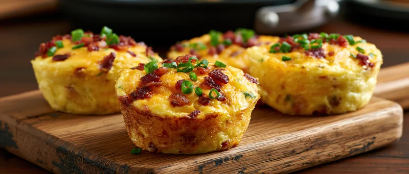 Three baked egg muffins topped with cheddar cheese and bacon on a wooden cutting board