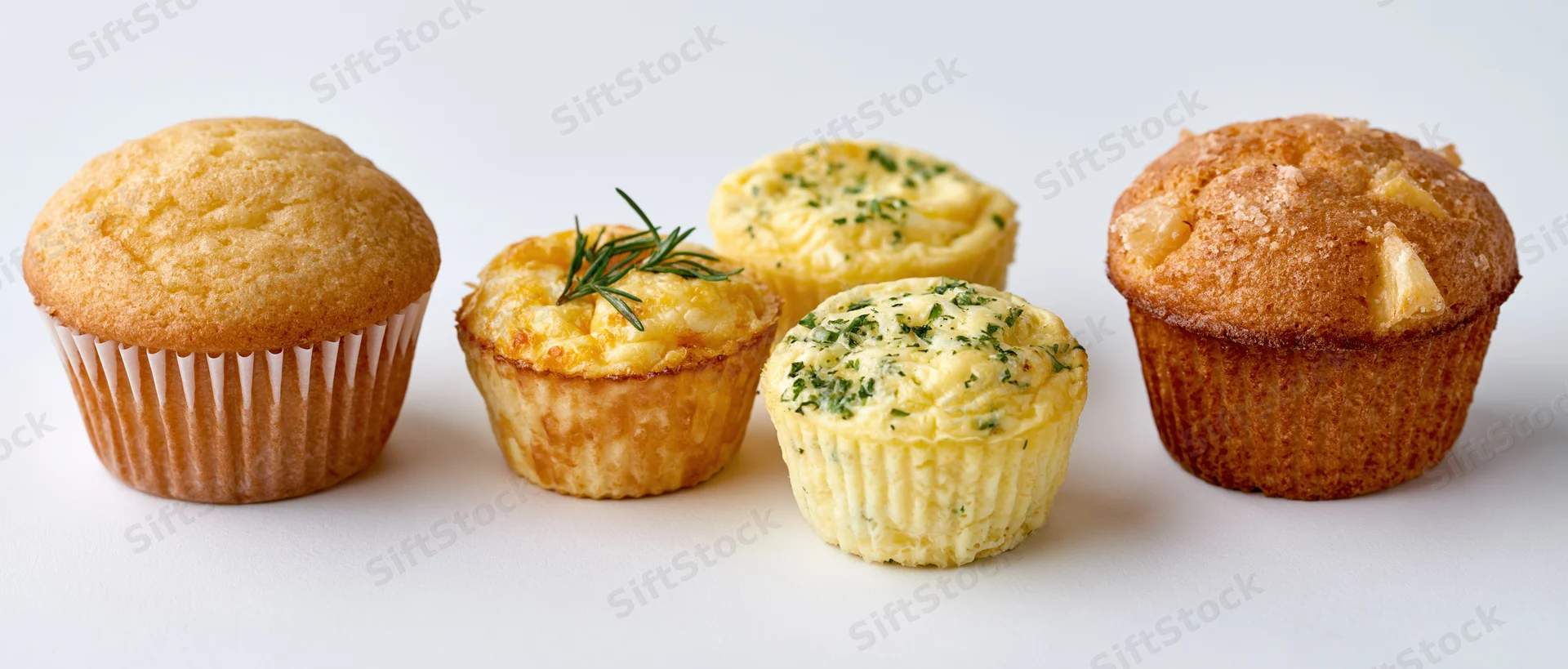 Five muffins of varying types arranged in a row on a white surface