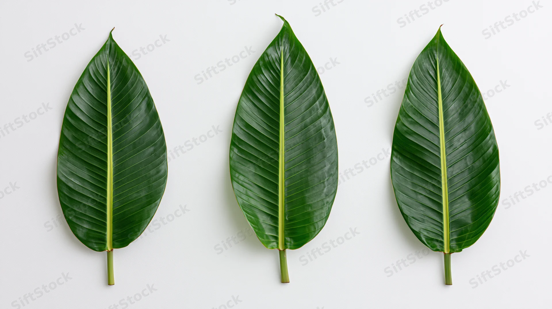 Three banana leaves arranged side by side on a white background