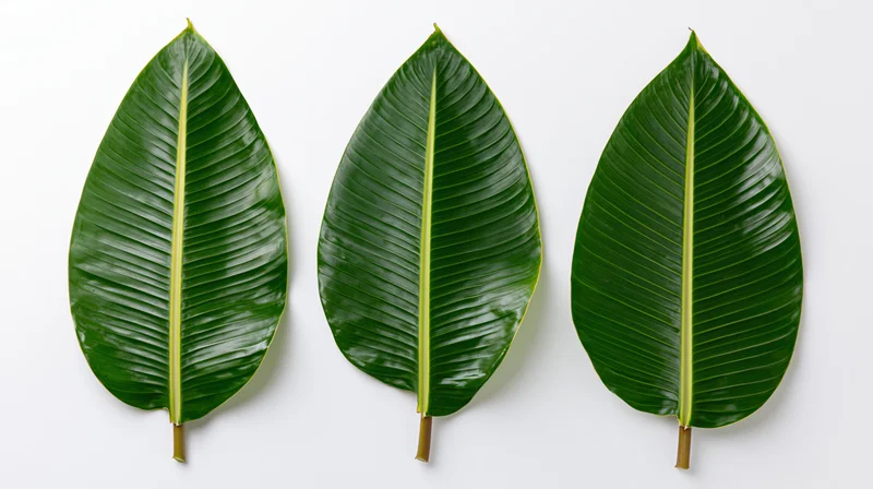 Three banana leaves arranged side by side on a white background