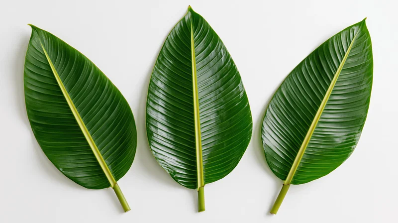 Three banana leaves arranged side by side on a white surface