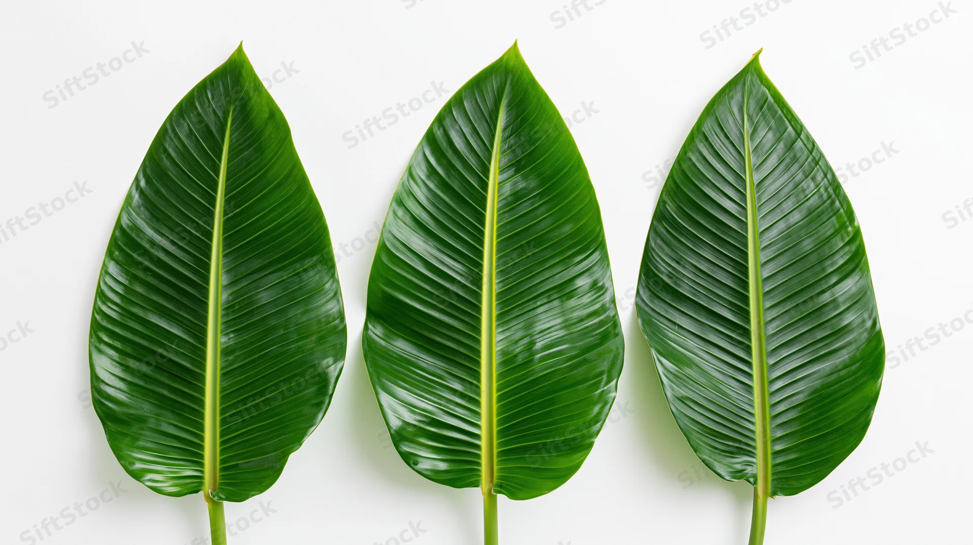 Three banana leaves arranged side by side on a white background