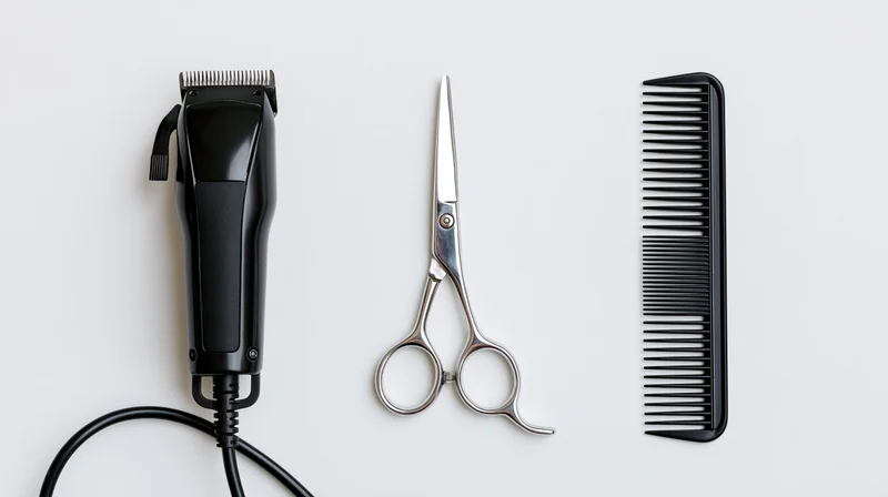 Barber tools arranged in a row on a white background