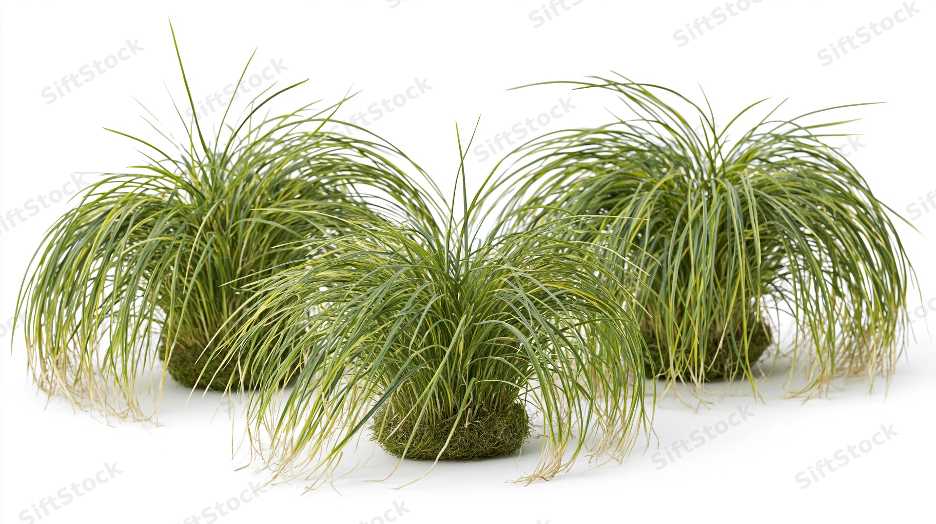 Three clumping ornamental grass tufts arranged in a loose row on white background