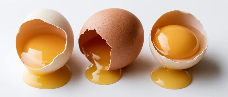 Three cracked raw eggs with yolks spilling from shells on white surface