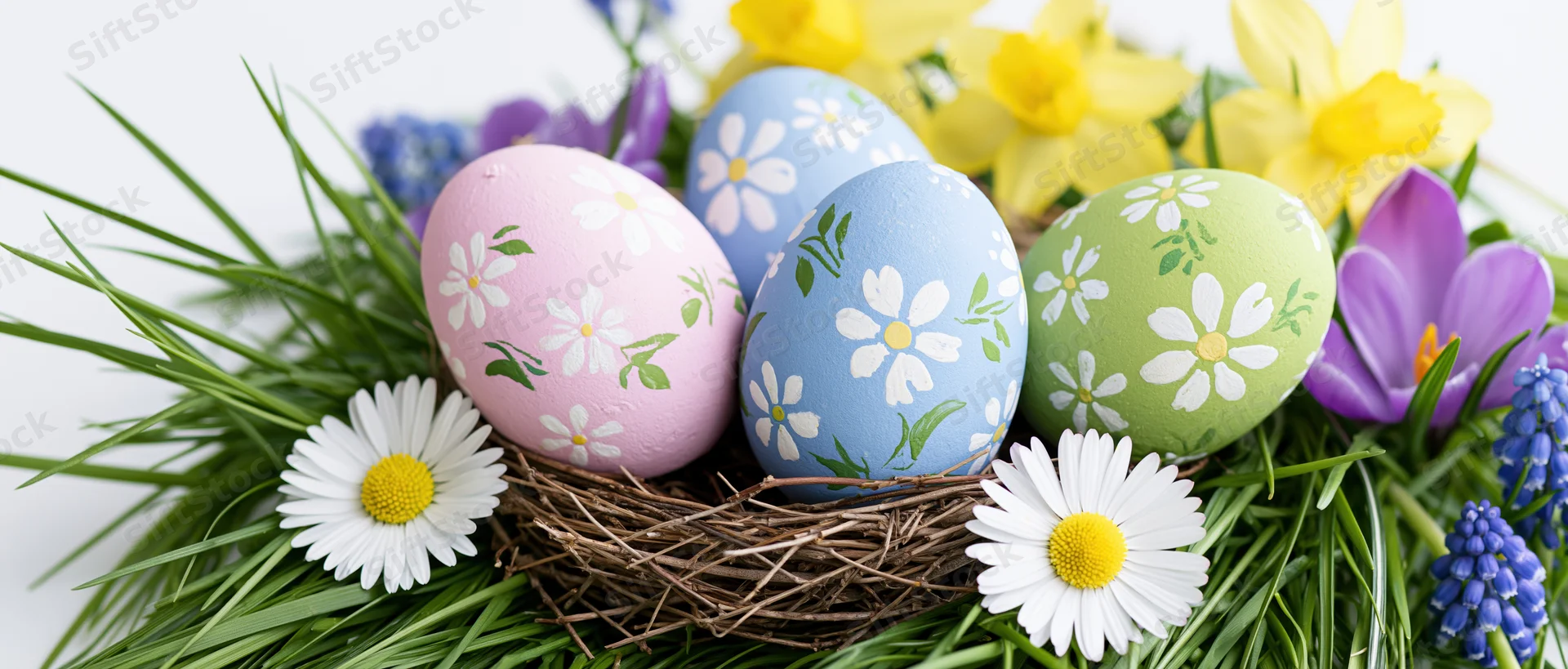 Decorated easter eggs in a nest surrounded by spring flowers and green grass